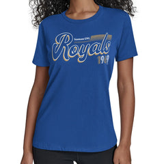 Kansas City Royals Starter Women's Groovy Script Team Fitted T-Shirt - Royal - MLB Sale
