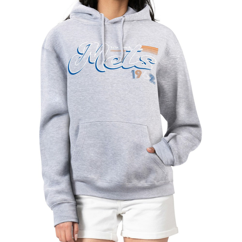 New York Mets Starter Women's Groovy Script Team Fleece Pullover Hoodie - Gray - MLB Sale