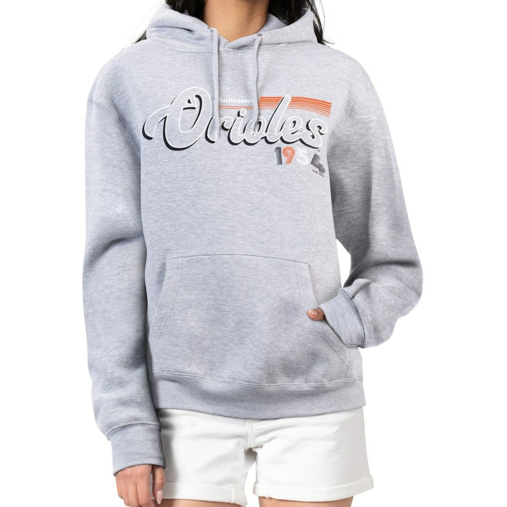Baltimore Orioles Starter Women's Groovy Script Team Fleece Pullover Hoodie - Gray - MLB Online