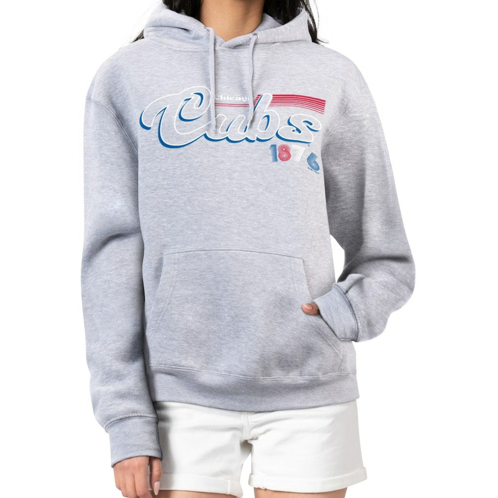 Chicago Cubs Starter Women's Groovy Script Team Fleece Pullover Hoodie - Gray - MLB on Sale