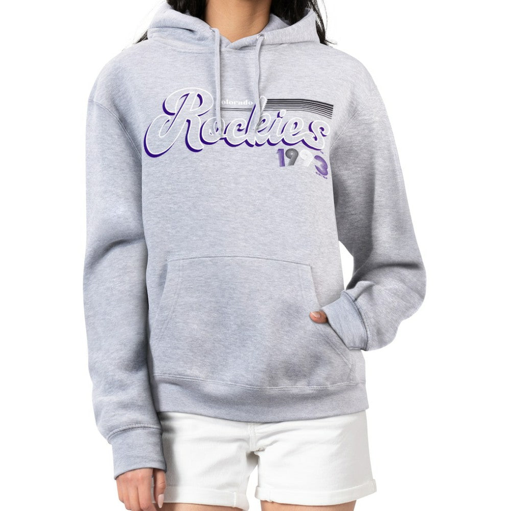 Colorado Rockies Starter Women's Groovy Script Team Fleece Pullover Hoodie - Gray - MLB Sale