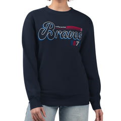 Atlanta Braves Starter Women's Groovy Script Team Fleece Pullover Sweatshirt - Navy - MLB Lifestyle