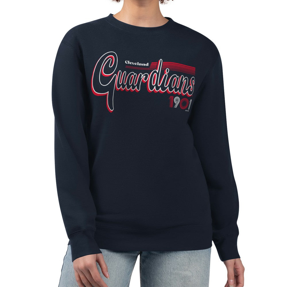 Cleveland Guardians Starter Women's Groovy Script Team Fleece Pullover Sweatshirt - Navy - MLB on Sale