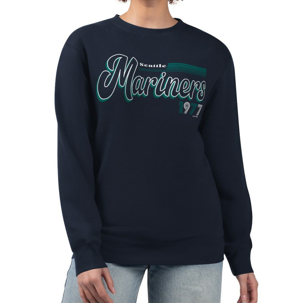 Seattle Mariners Starter Women's Groovy Script Team Fleece Pullover Sweatshirt - Navy - MLB on Sale