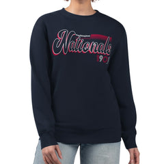 Washington Nationals Starter Women's Groovy Script Team Fleece Pullover Sweatshirt - Navy - MLB on Sale