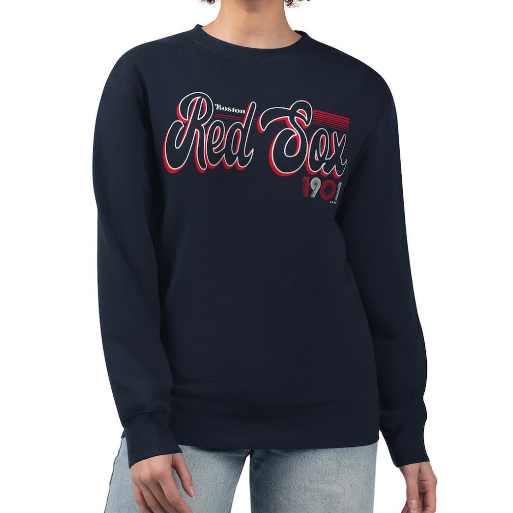 Boston Red Sox Starter Women's Groovy Script Team Fleece Pullover Sweatshirt - Navy - MLB Discount