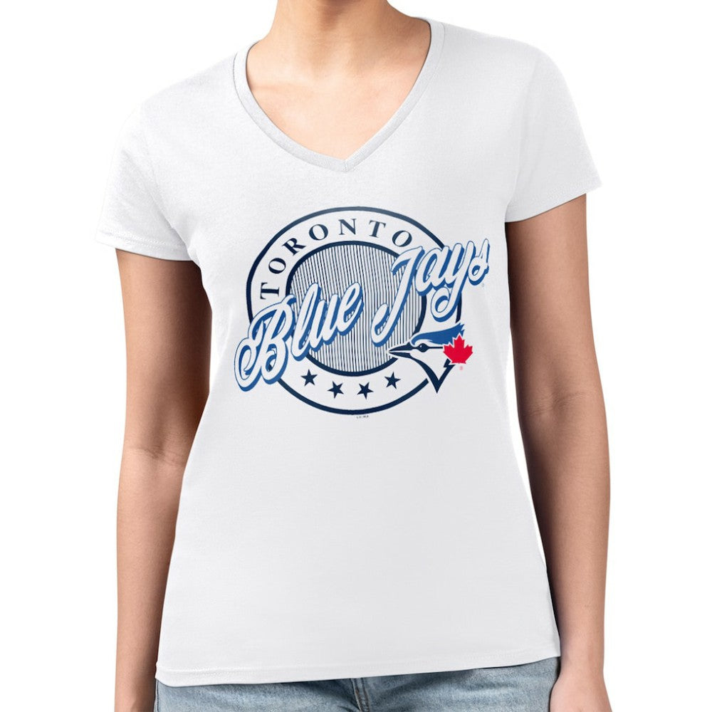 Toronto Blue Jays G-III 4Her by Carl Banks Women's Super-Slim Fit Lightweight Pinstripe Circle V-Neck T-Shirt - White - MLB Online