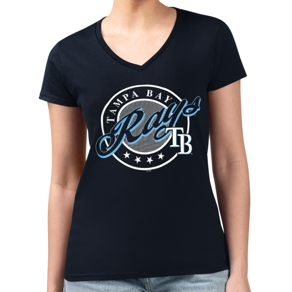Tampa Bay Rays G-III 4Her by Carl Banks Women's Super-Slim Fit Lightweight Pinstripe Circle V-Neck T-Shirt - Navy - MLB Discount