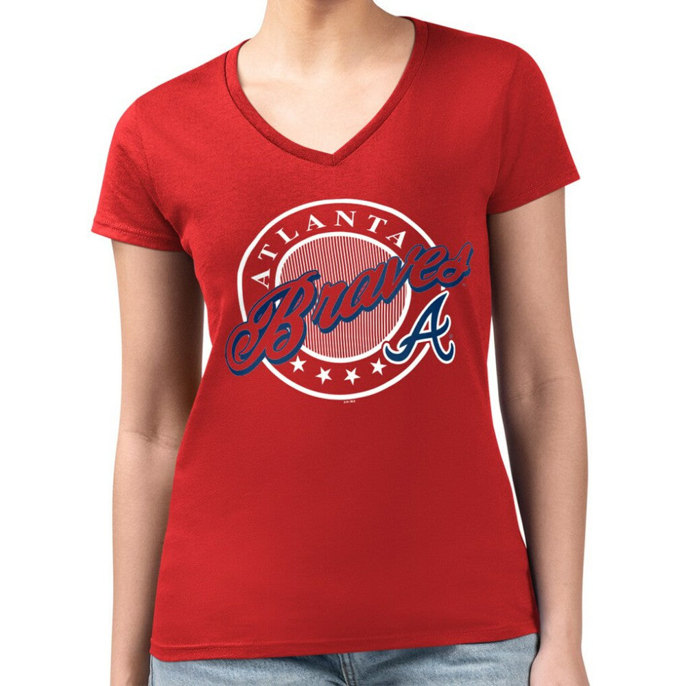 Atlanta Braves G-III 4Her by Carl Banks Women's Super-Slim Fit Lightweight Pinstripe Circle V-Neck T-Shirt - Red - MLB Discount