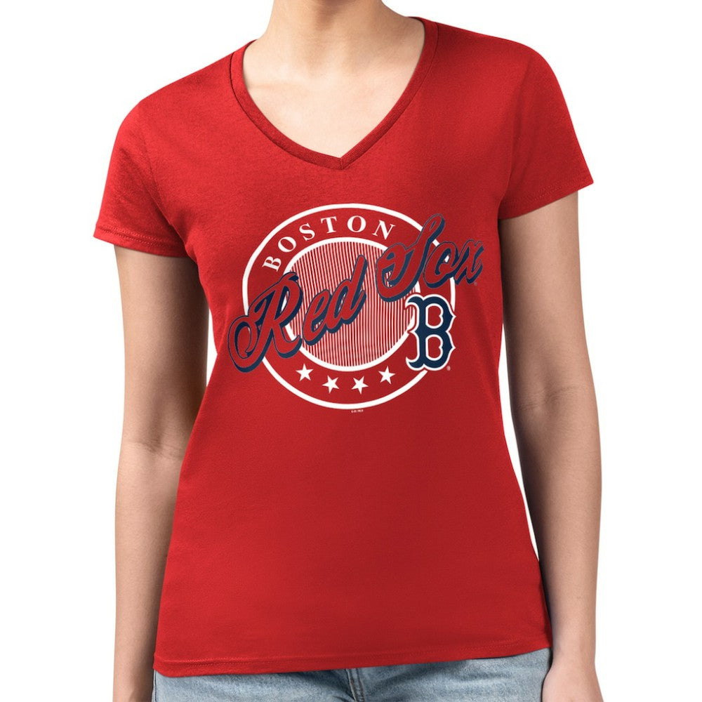 Boston Red Sox G-III 4Her by Carl Banks Women's Super-Slim Fit Lightweight Pinstripe Circle V-Neck T-Shirt - Red - MLB Online