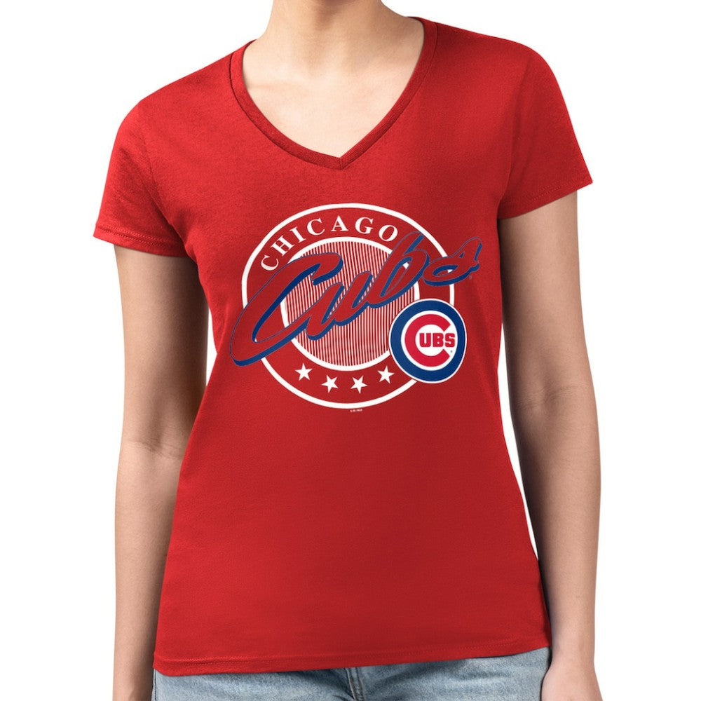 Chicago Cubs G-III 4Her by Carl Banks Women's Super-Slim Fit Lightweight Pinstripe Circle V-Neck T-Shirt - Red - MLB Discount