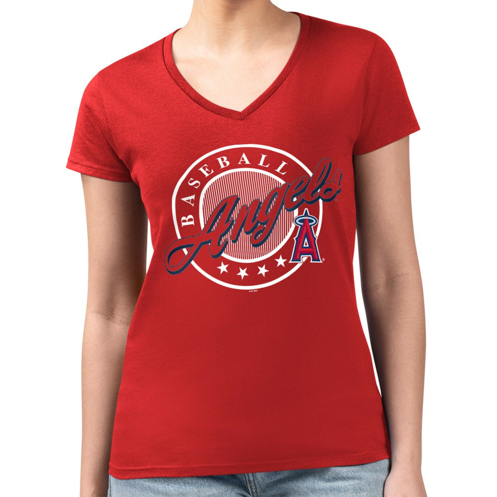 Los Angeles Angels G-III 4Her by Carl Banks Women's Super-Slim Fit Lightweight Pinstripe Circle V-Neck T-Shirt - Red - MLB Sale