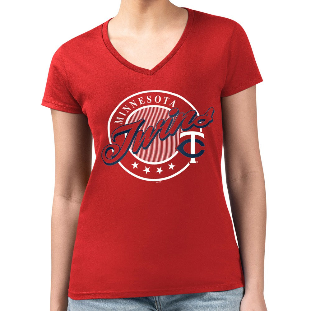 Minnesota Twins G-III 4Her by Carl Banks Women's Super-Slim Fit Lightweight Pinstripe Circle V-Neck T-Shirt - Red - MLB Discount