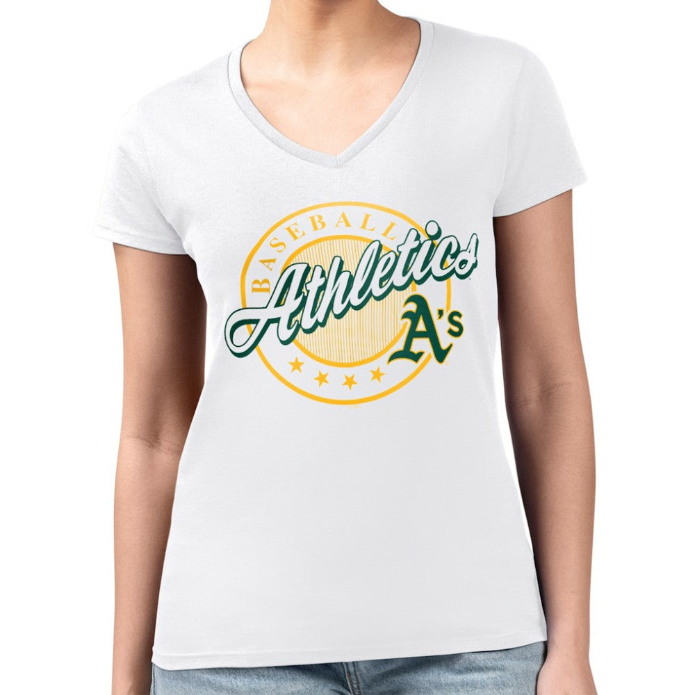 Athletics G-III 4Her by Carl Banks Women's Super-Slim Fit Lightweight Pinstripe Circle V-Neck T-Shirt - White - MLB Sale