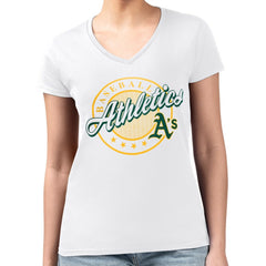 Athletics G-III 4Her by Carl Banks Women's Super-Slim Fit Lightweight Pinstripe Circle V-Neck T-Shirt - White - MLB Sale
