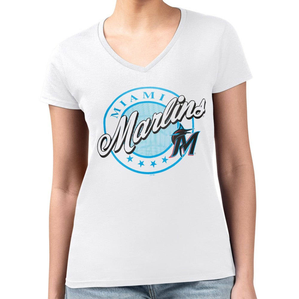 Miami Marlins G-III 4Her by Carl Banks Women's Super-Slim Fit Lightweight Pinstripe Circle V-Neck T-Shirt - White - MLB Discount