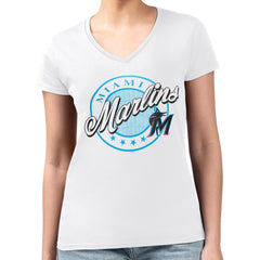 Miami Marlins G-III 4Her by Carl Banks Women's Super-Slim Fit Lightweight Pinstripe Circle V-Neck T-Shirt - White - MLB Discount