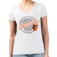 Baltimore Orioles G-III 4Her by Carl Banks Women's Super-Slim Fit Lightweight Pinstripe Circle V-Neck T-Shirt - White - MLB on Sale