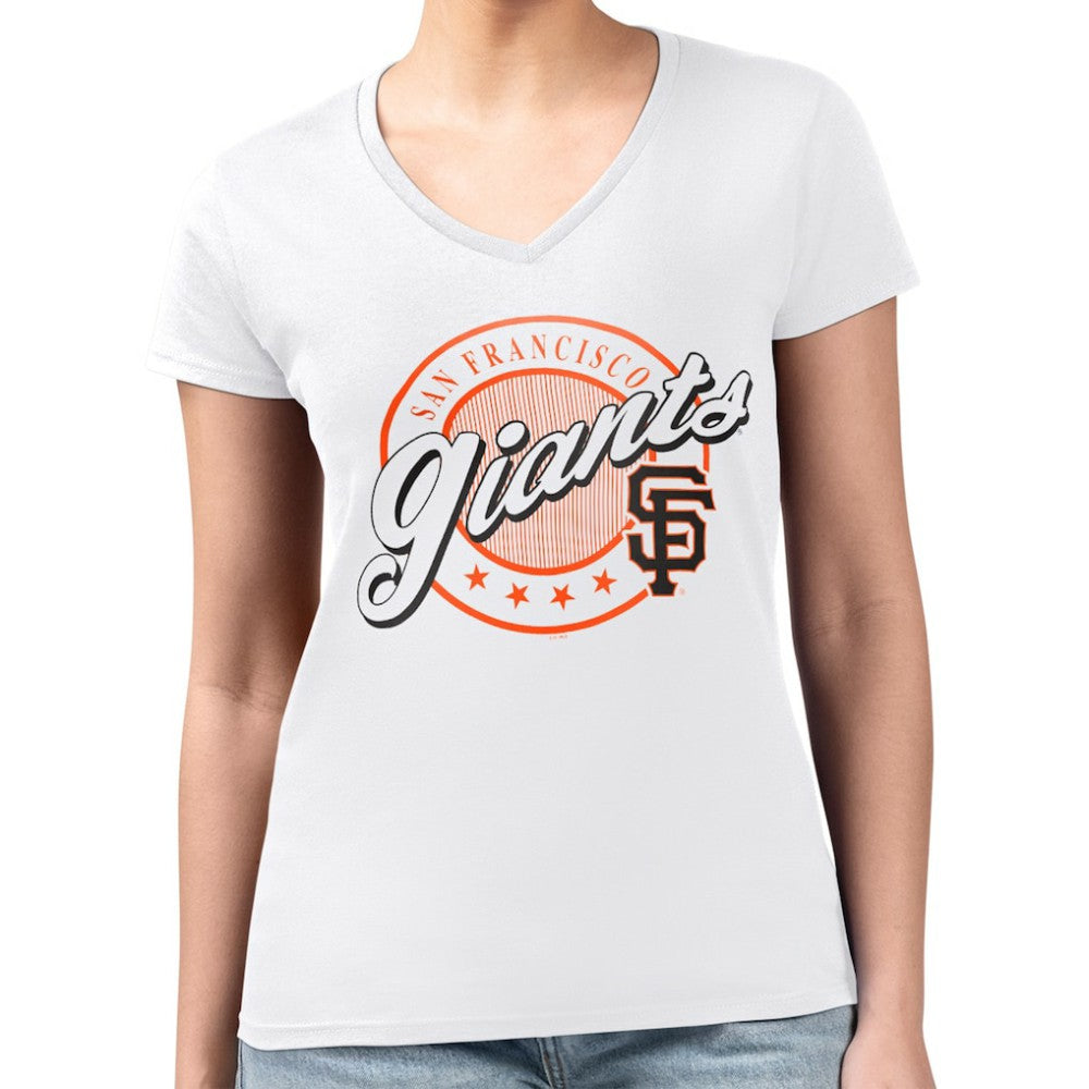 San Francisco Giants G-III 4Her by Carl Banks Women's Super-Slim Fit Lightweight Pinstripe Circle V-Neck T-Shirt - White - MLB on Sale