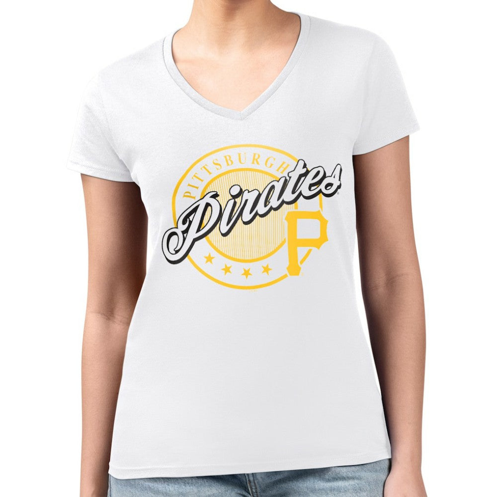 Pittsburgh Pirates G-III 4Her by Carl Banks Women's Super-Slim Fit Lightweight Pinstripe Circle V-Neck T-Shirt - White - MLB Discount