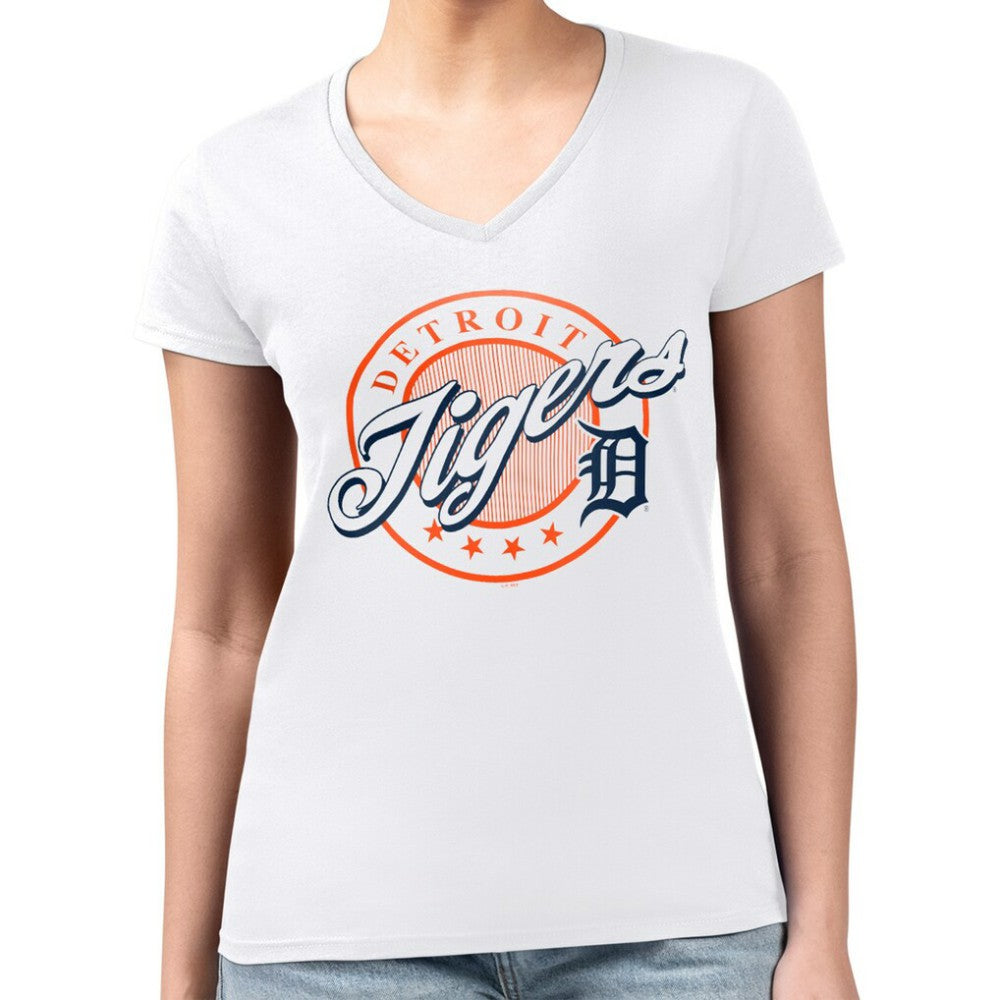 Detroit Tigers G-III 4Her by Carl Banks Women's Super-Slim Fit Lightweight Pinstripe Circle V-Neck T-Shirt - White - MLB Lifestyle