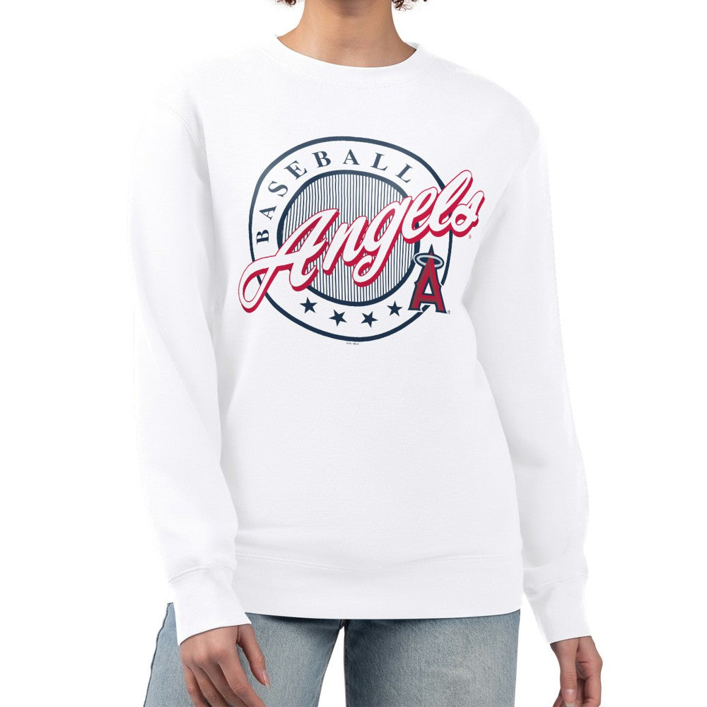 Los Angeles Angels G-III 4Her by Carl Banks Women's Pinstripe Circle Team Fleece Pullover Sweatshirt - White - MLB on Sale