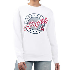 Los Angeles Angels G-III 4Her by Carl Banks Women's Pinstripe Circle Team Fleece Pullover Sweatshirt - White - MLB on Sale
