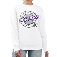 Colorado Rockies G-III 4Her by Carl Banks Women's Pinstripe Circle Team Fleece Pullover Sweatshirt - White - MLB Discount