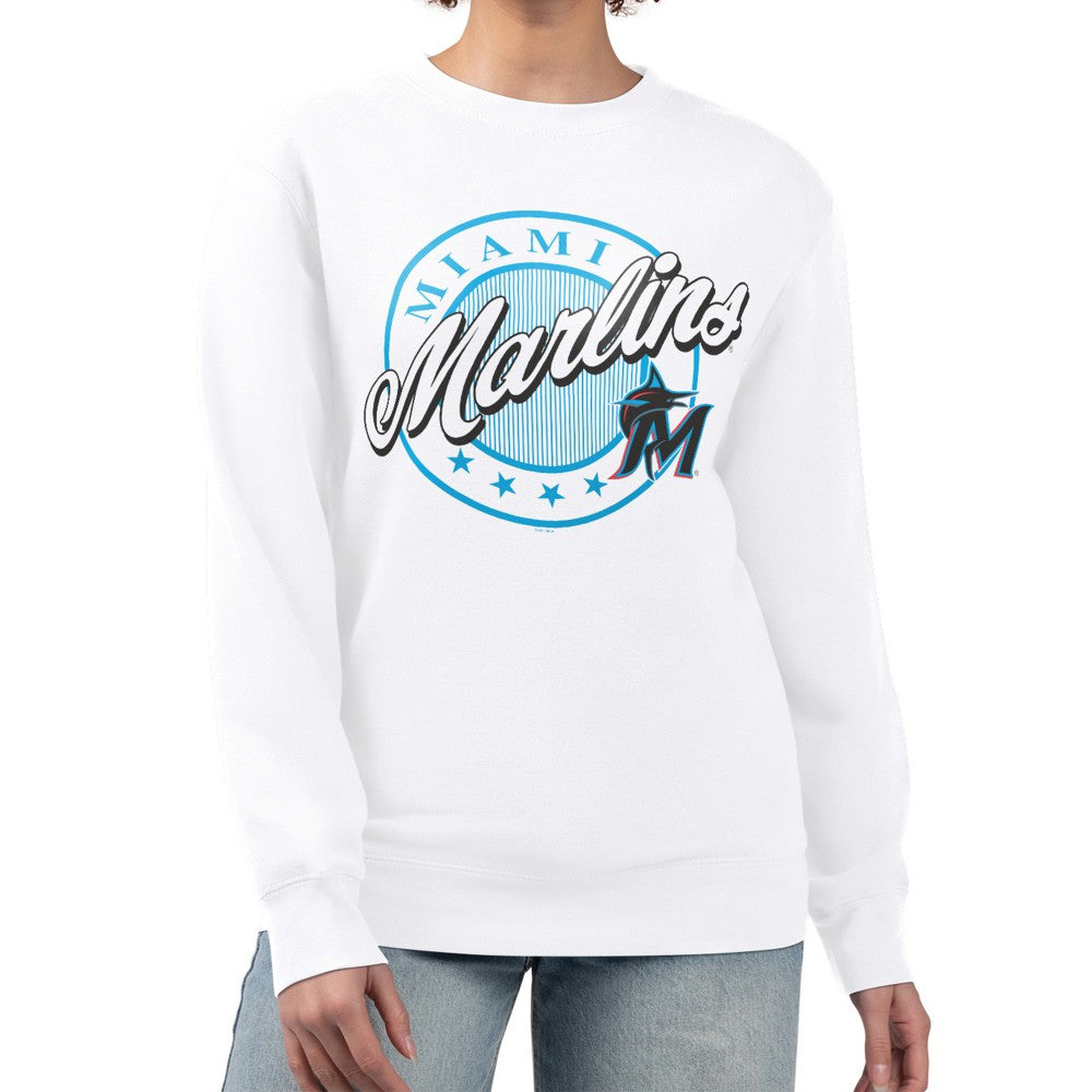 Miami Marlins G-III 4Her by Carl Banks Women's Pinstripe Circle Team Fleece Pullover Sweatshirt - White - MLB on Sale