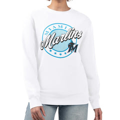 Miami Marlins G-III 4Her by Carl Banks Women's Pinstripe Circle Team Fleece Pullover Sweatshirt - White - MLB on Sale