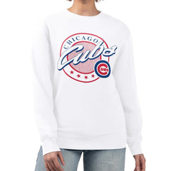 Chicago Cubs G-III 4Her by Carl Banks Women's Pinstripe Circle Team Fleece Pullover Sweatshirt - White - MLB on Sale