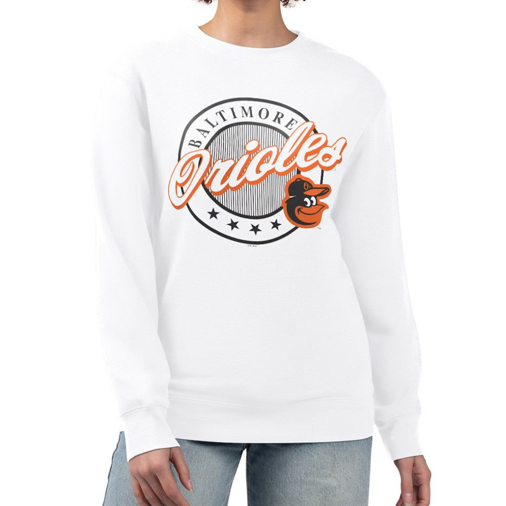 Baltimore Orioles G-III 4Her by Carl Banks Women's Pinstripe Circle Team Fleece Pullover Sweatshirt - White - MLB on Sale