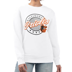 Baltimore Orioles G-III 4Her by Carl Banks Women's Pinstripe Circle Team Fleece Pullover Sweatshirt - White - MLB on Sale