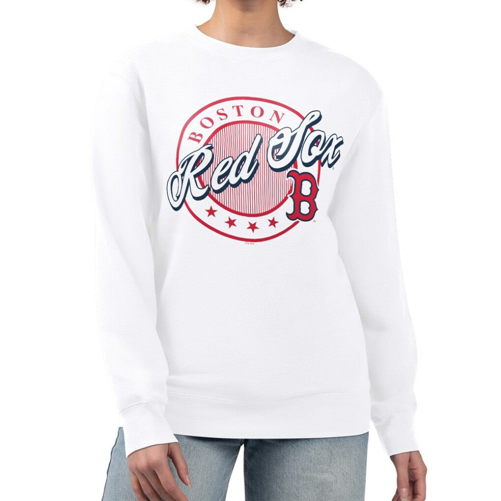 Boston Red Sox G-III 4Her by Carl Banks Women's Pinstripe Circle Team Fleece Pullover Sweatshirt - White - MLB Sale