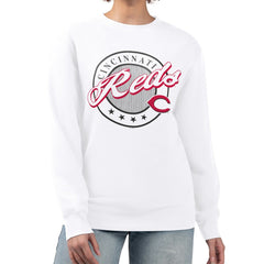 Cincinnati Reds G-III 4Her by Carl Banks Women's Pinstripe Circle Team Fleece Pullover Sweatshirt - White - MLB Discount