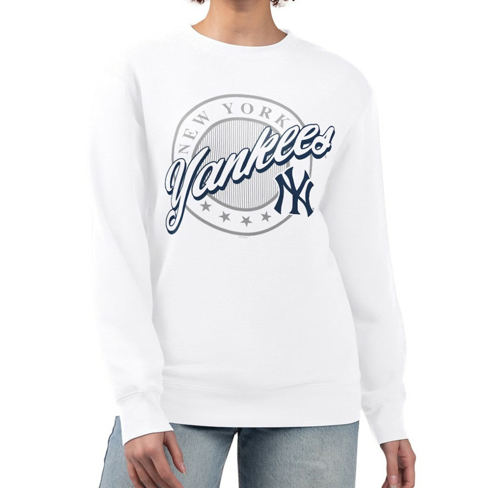 New York Yankees G-III 4Her by Carl Banks Women's Pinstripe Circle Team Fleece Pullover Sweatshirt - White - MLB Discount