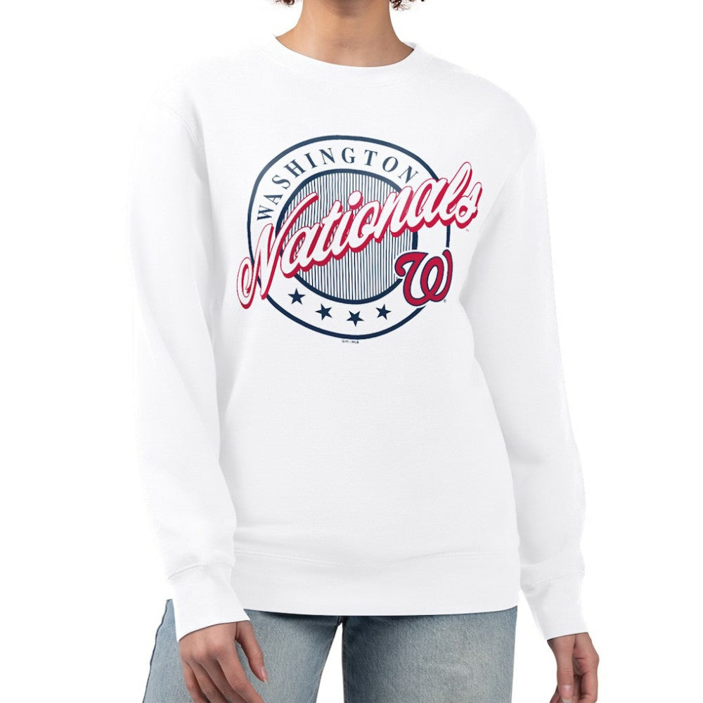 Washington Nationals G-III 4Her by Carl Banks Women's Pinstripe Circle Team Fleece Pullover Sweatshirt - White - MLB Sale