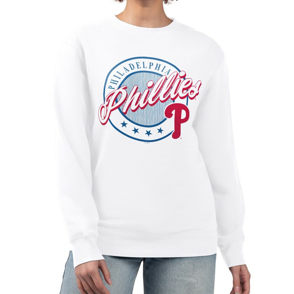 Philadelphia Phillies G-III 4Her by Carl Banks Women's Pinstripe Circle Team Fleece Pullover Sweatshirt - White - MLB on Sale