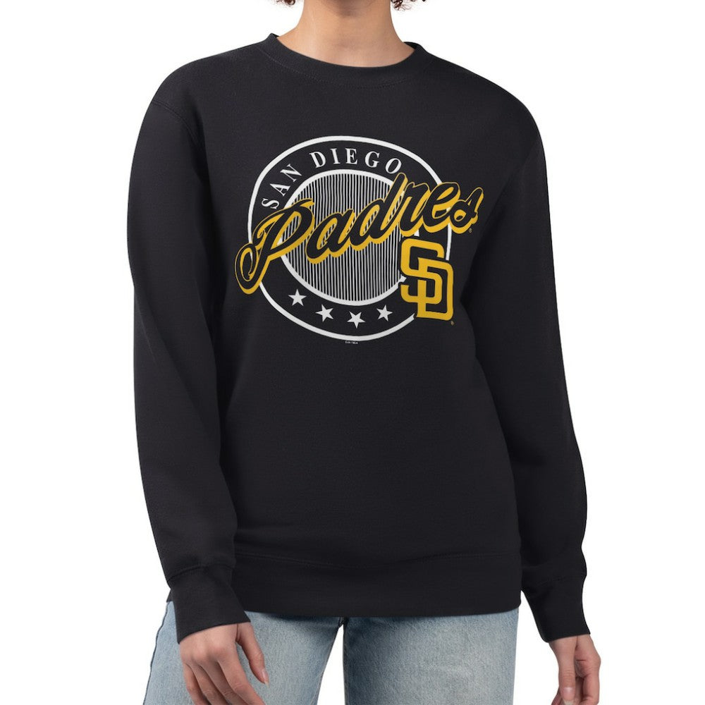 San Diego Padres G-III 4Her by Carl Banks Women's Pinstripe Circle Team Fleece Pullover Sweatshirt - Black - MLB Sale