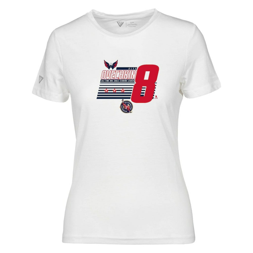 Alexander Ovechkin Washington Capitals Levelwear Women's NHL All-Time Leading Goal Scorer Milestone Stripes Name & Number Maddox T-Shirt - White - NHL 203056594