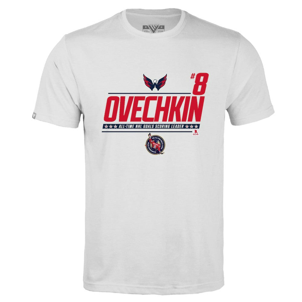 Alexander Ovechkin Washington Capitals Levelwear NHL All-Time Leading Goal Scorer Milestone Name & Number Richmond T-Shirt - White - NHL 203056605