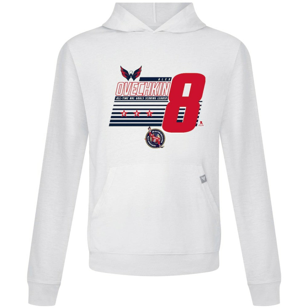 Alexander Ovechkin Washington Capitals Levelwear NHL All-Time Leading Goal Scorer Milestone Stripes Name & Number Relay Pullover Hoodie - White - NHL 203056617