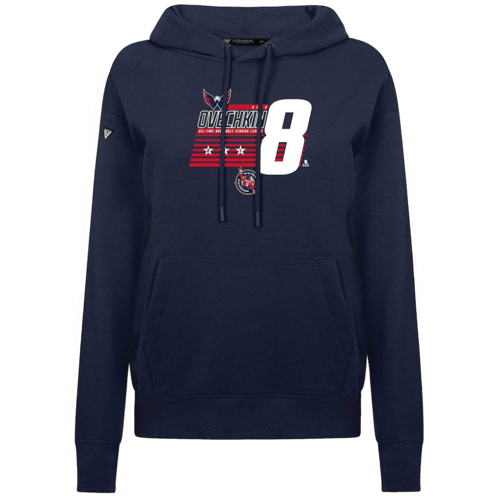 Alexander Ovechkin Washington Capitals Levelwear Women's NHL All-Time Leading Goal Scorer Milestone Stripes Name & Number Adorn Pullover Hoodie - Navy - NHL 203056628