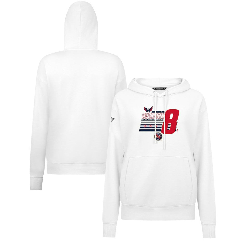 Alexander Ovechkin Washington Capitals Levelwear Women's NHL All-Time Leading Goal Scorer Milestone Stripes Name & Number Adorn Pullover Hoodie - White - NHL 203056630