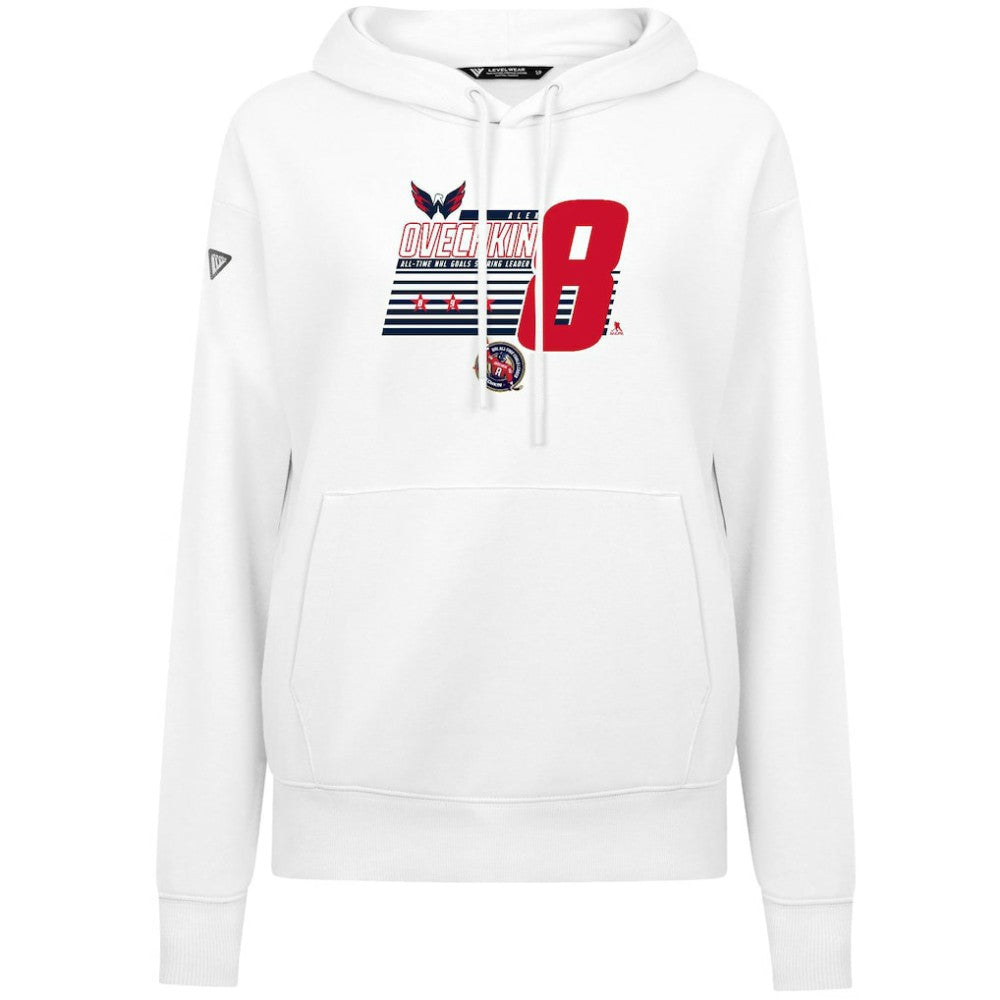 Alexander Ovechkin Washington Capitals Levelwear Women's NHL All-Time Leading Goal Scorer Milestone Stripes Name & Number Adorn Pullover Hoodie - White - NHL 203056630