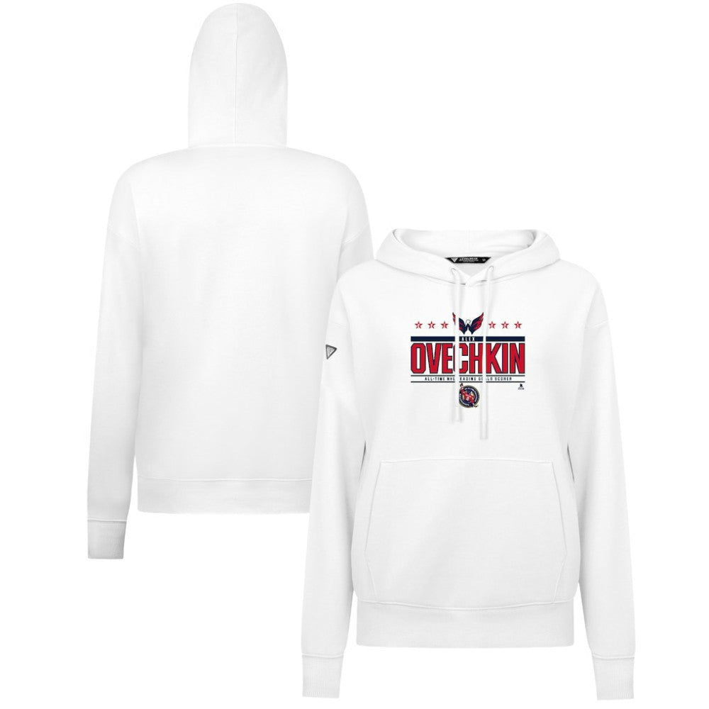 Alexander Ovechkin Washington Capitals Levelwear Women's NHL All-Time Leading Goal Scorer Milestone Stripes Name & Number Adorn Pullover Hoodie - White - NHL 203056633