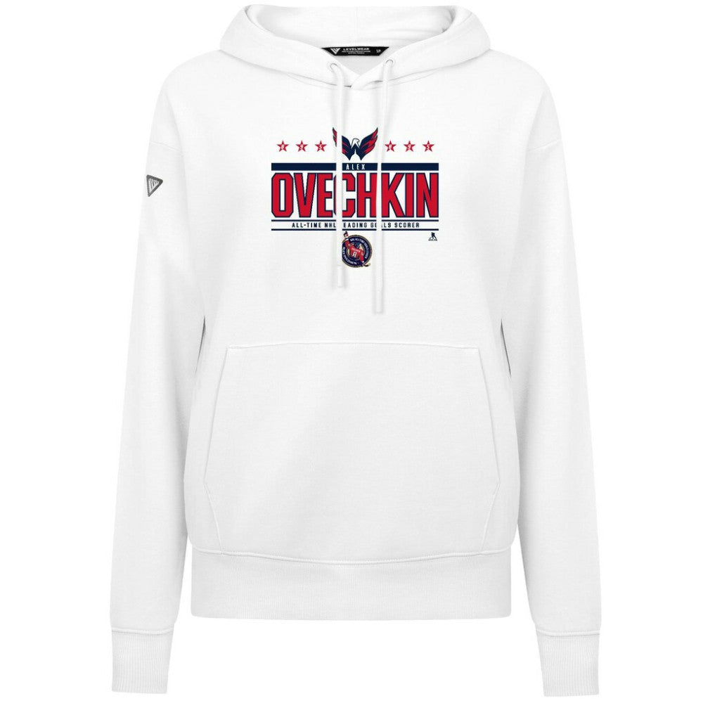 Alexander Ovechkin Washington Capitals Levelwear Women's NHL All-Time Leading Goal Scorer Milestone Stripes Name & Number Adorn Pullover Hoodie - White - NHL 203056633