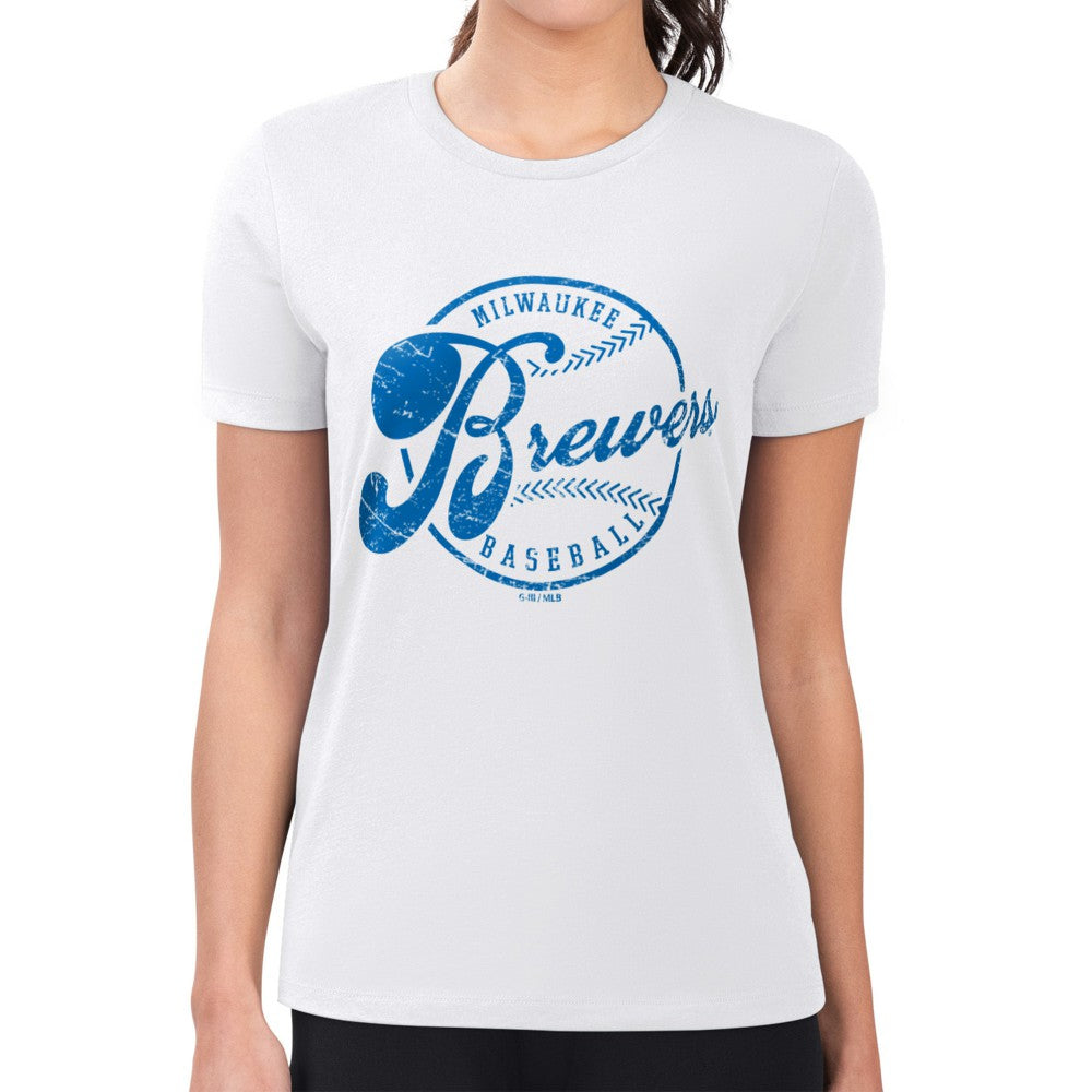 Milwaukee Brewers G-III 4Her by Carl Banks Women's Super-Slim Fit Lightweight Distressed Baseball Team T-Shirt - White - MLB on Sale
