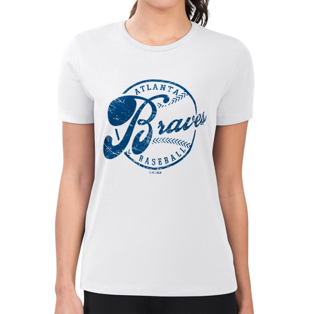 Atlanta Braves G-III 4Her by Carl Banks Women's Super-Slim Fit Lightweight Distressed Baseball Team T-Shirt - White - MLB Discount