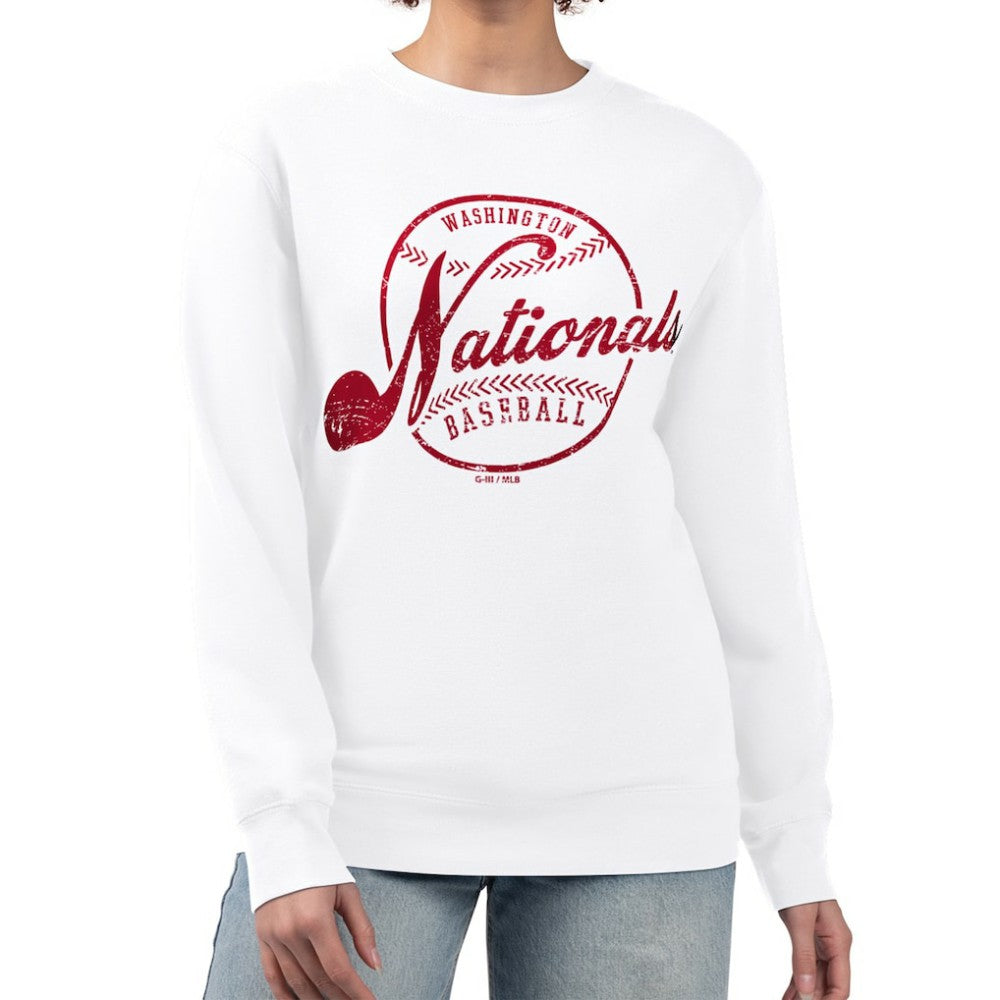 Washington Nationals G-III 4Her by Carl Banks Women's Distressed Baseball Team Fleece Pullover Sweatshirt - White - MLB Online